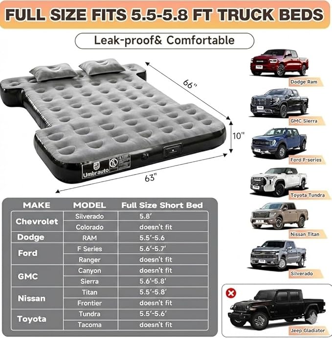 Umbrauto Built-in Pump Air Mattress for 5.5-5.8ft Short Truck Bed, Inflatable Full-Size Pickup Airbed for Ford F150, Chevy Silverado, GMC Sierra, Dodge Ram, Toyota Tundra, Nissan Titan Outdoor Camping