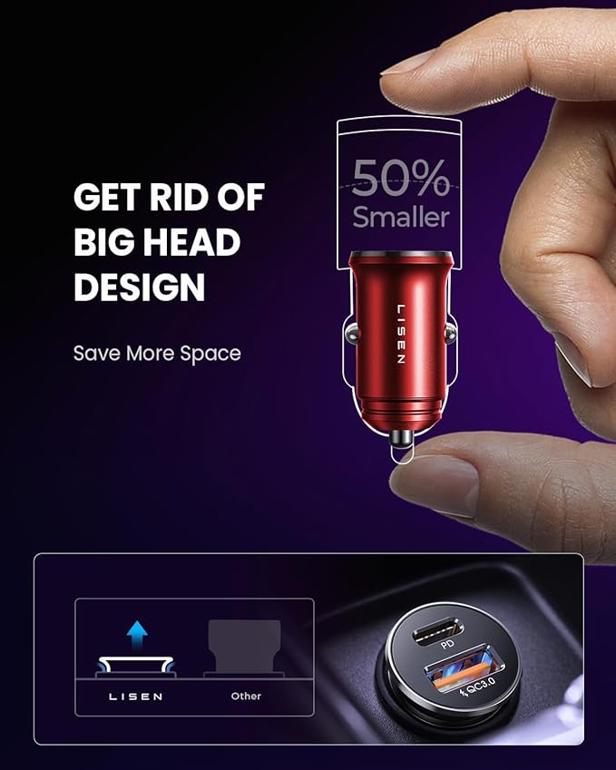 LISEN 2-Pack USB C Car Charger Adapter Fast Charge, 48W All Metal Cigarette Lighter USB Charger for iPhone 15 Smallest Flush Car Charger USB C for iPhone 14 Pro Max 13 12 Galaxy S23/22 iPad Pro-Red