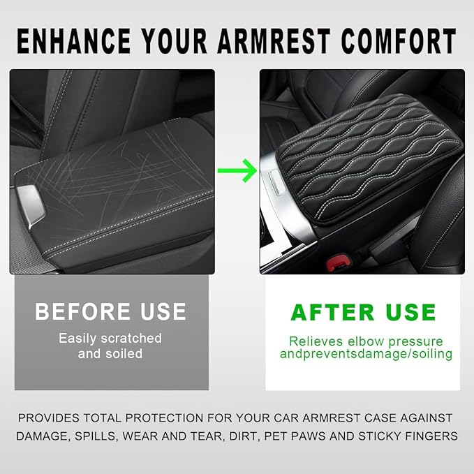Car Center Console Cushion Pad, 12.48×7.40 Inches Waterproof Car Armrest Seat Box Cover, Comfortable PU Leather Vehicle Armrest Cover Protector, Car Decor Interior Accessories (Black＋White)