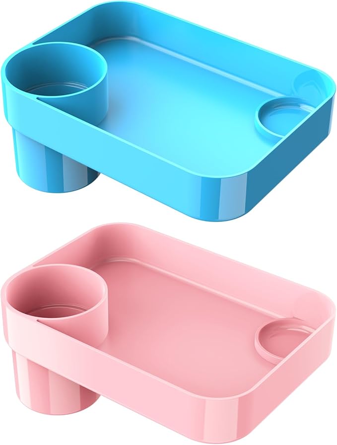 [Pink+Sky Blue] Car Seat Snack Tray for Toddlers - 3 Inch Cup Holder Fits Most Sippy Cups & Straw Bottles with Dip Well, Mess-Free Square Kids Travel Tray Road Trip Essentials, Pink & Sky Blue