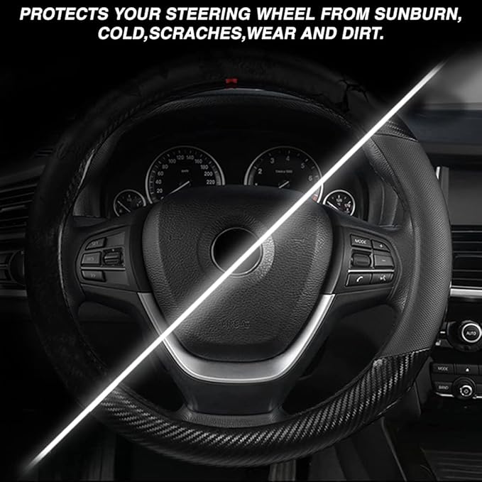 Carbon Fiber Steering Wheel Cover, Universal 15 inch Breathable Microfiber Leather Steering Wheel Covers for Men and Women, Anti Slip Car Interior Accessories, Black