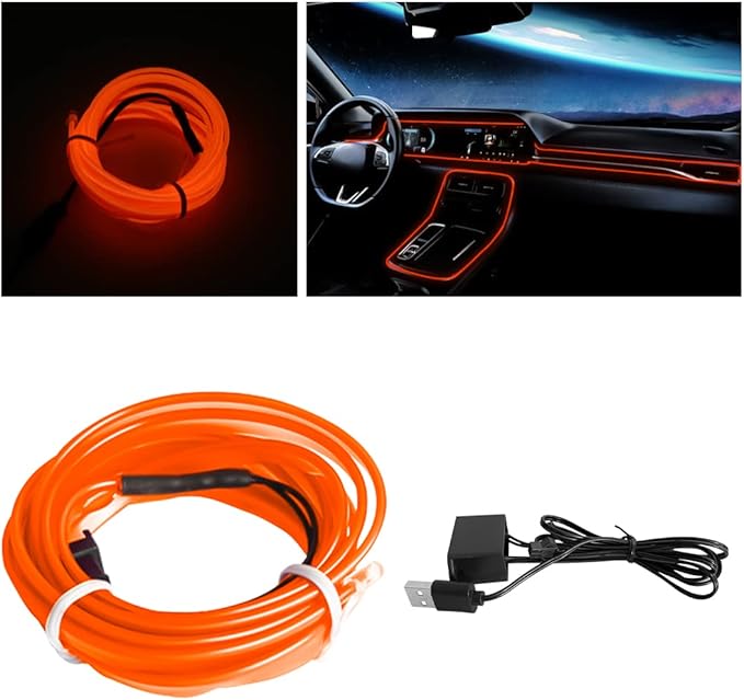 EL Wire LED Strip Lights, 10FT/3M USB Auto Neon Light Strip with Sewing Edge, Electroluminescent Car Ambient Lighting Kits with Fuse Protection, Car Decoration Accessories (Orange/10FT)
