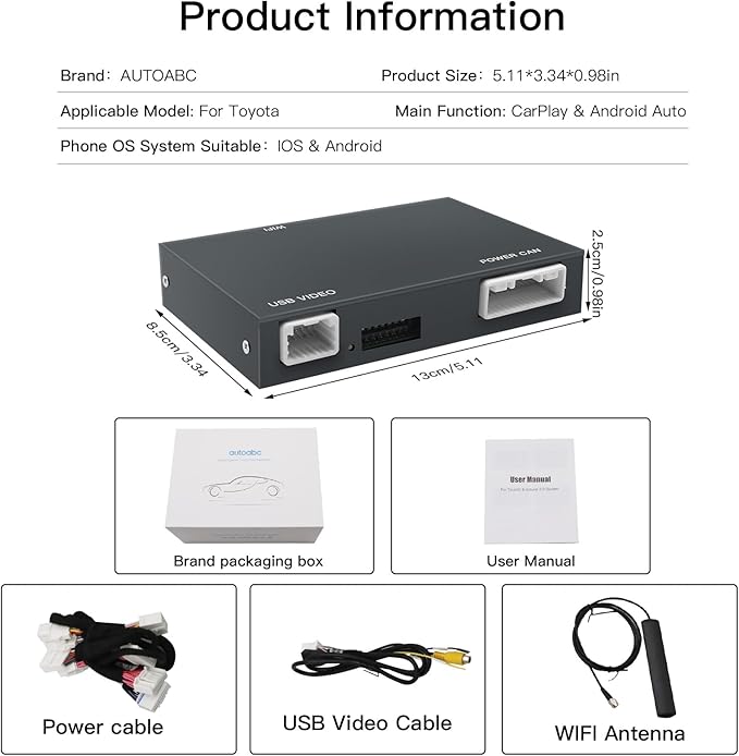 Wireless Carplay/Android Auto Adapter for Toyota with Entune2.0 & Touch2 2014-2019 New Version Retrofit Kit Decoder Fits for Tundra/Highlander/RAV4/Tacoma/Camry/Corolla/Avalon/Prius/CH-R/Sienna/Camry