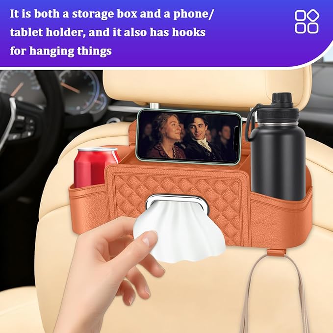 Car Headrest Backseat Organizer, Multifunctional Vehicle Seat Back Hanging Storage Box with Cup Holder and Hooks, Automotive Interior Headrest Storage Organizer, Universal Fit (Orange)