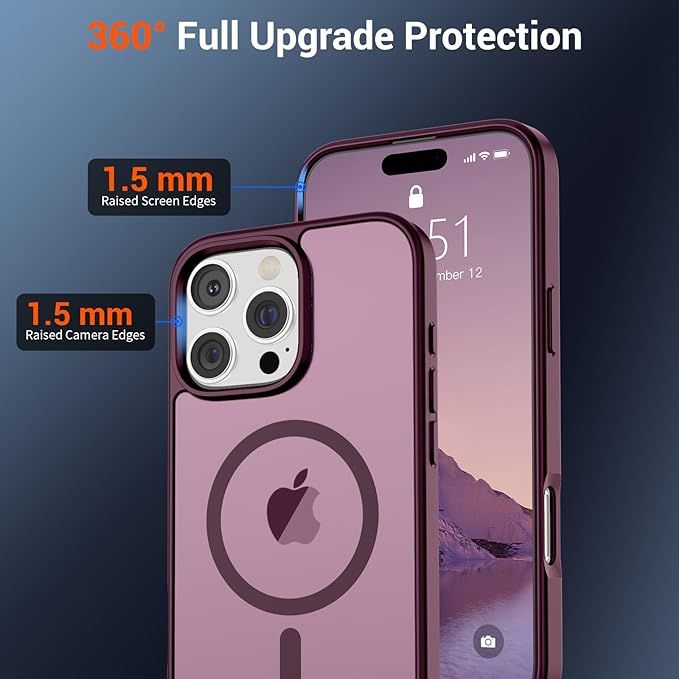 SUPFINE Magnetic for iPhone 16 Pro Max Case (Compatible with MagSafe) (Military Grade Drop Protection) Slim Translucent Matte Shockproof with Anti-Fingerprint Phone Case, Wine Red