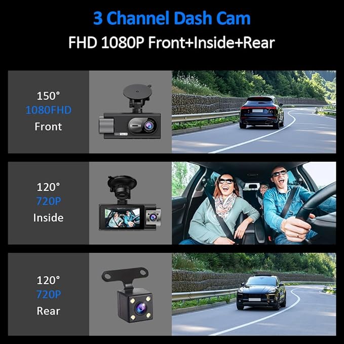 3 Channel 360 Dash Cam Front and Rear and Inside with 32G Card,1080P Dash Camera for Cars,Night Vision,3.0" IPS Screen,170° Wide Angle,Loop Recording,24H Parking Mode