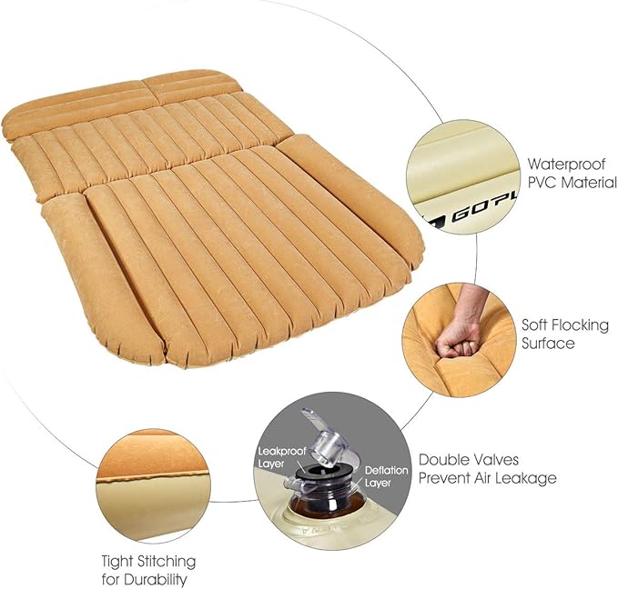Goplus Car Bed, Air Mattress Back Seat with Pillow, Flocking Surface, Electric Air Pump, Repair Kit, Inflatable SUV Truck Bed Mattress for Traveling, Camping, Sleeping, Yellow