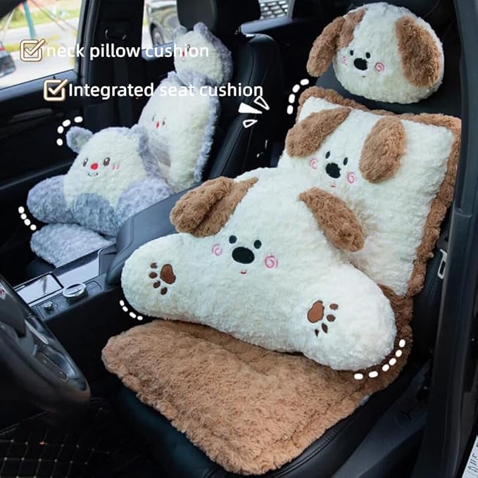Plush Car Seat Cushion Set with Lumbar Support & Neck Pillow Cute Dog and Bear Shape Pillow for Driving Travelling Home Décor