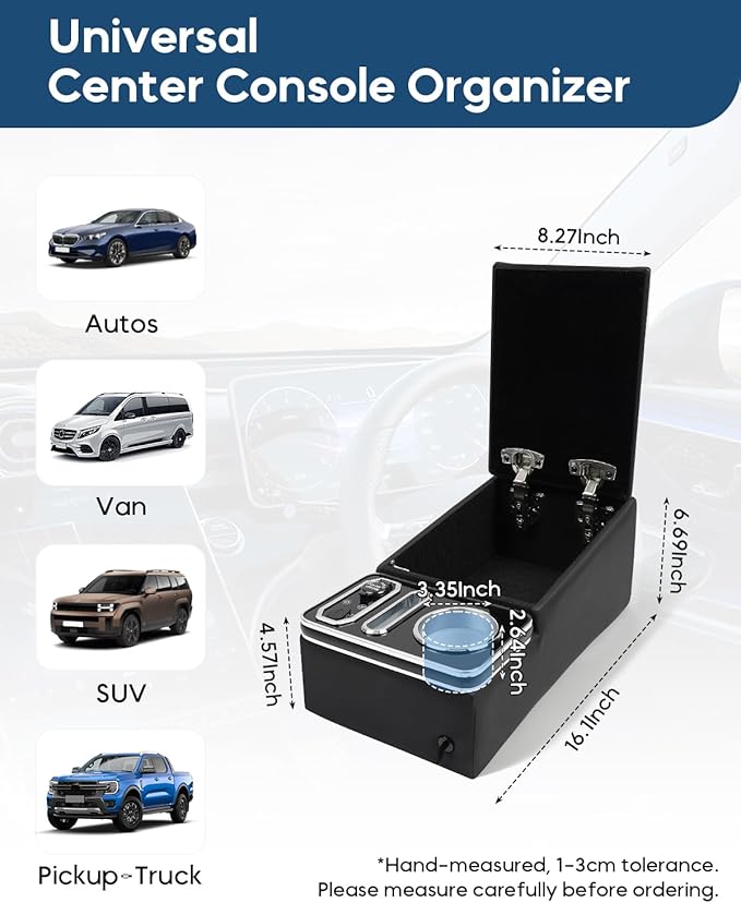 Center Console Organizer for Small SUV, Sedan, Truck, Rear Bench Seat Armrest Organizer with 7-Color Adjustable LED Lighting, Upgraded Automotive Center Storage Box with Fast Phone Charging