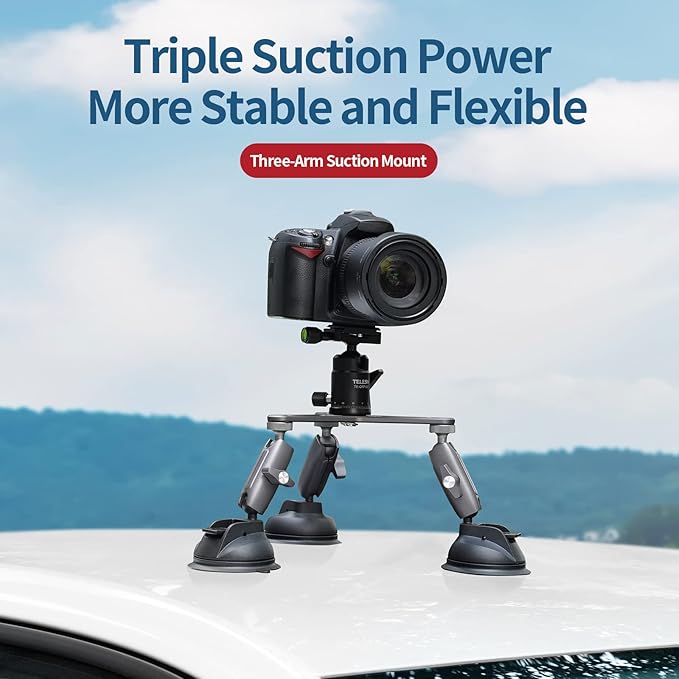 Triple Suction Cup Camera Car Mount Holder, Heavy Duty Tripod Window Windshield Dash Dashboard Inside Outside Sucking Attach Accessories for GoPro Insta360 DJI Action Osmo Pocket DSLR Accessory