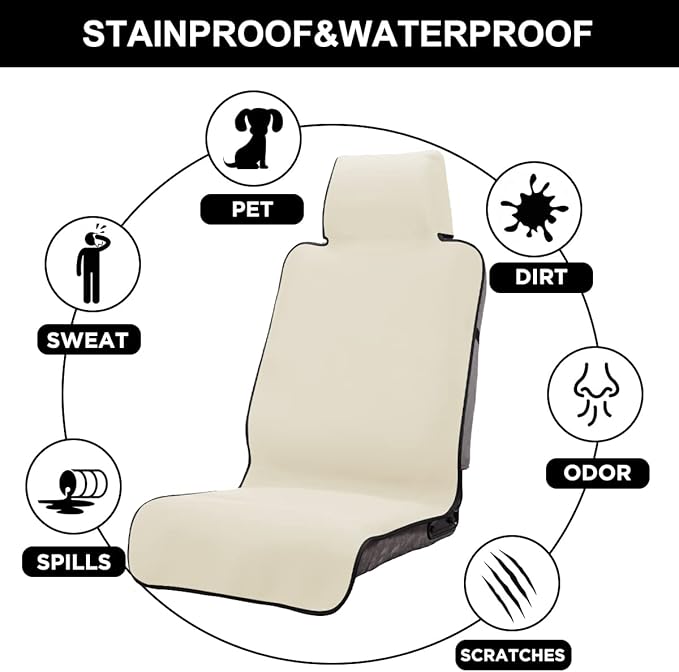 INFANZIA Premium Waterproof Seat Cover Towel Protector Neoprene Universal Fit, Upgraded 100% Washable & Removable Non-Slip Sweat Carseat Towel Covers, Perfect for Gym/Yoga/Workout（Beige,2PCS
