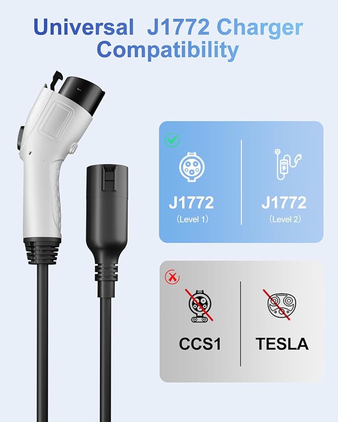 J1772 EV Charger Extension Cable，21FT 32A Extension Cord for 110V-240V J1772 Level 1 and Level 2 Chargers Compatible with Ford GM BMW Cadillac Mercedes Audi Electric Vehicles
