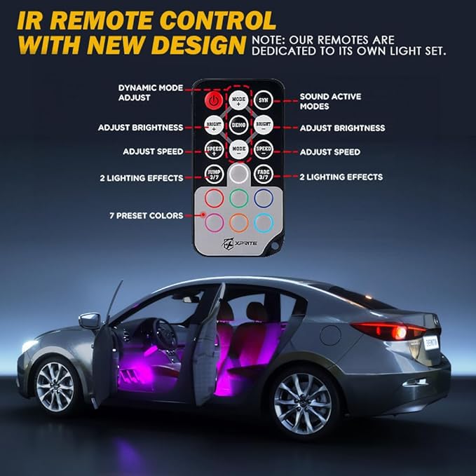 Xprite RGB LED Car Interior Bluetooth USB Light Strip, w/Wireless Remote and APP Control,4 PCS Under Dash Footwell Ambient Lights Kits, DIY Music Mode Universal for Vehicle Internal, SUV, Trucks