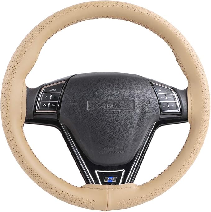 Elegant Beige Genuine Leather Car Steering Wheel Cover Men Business Style 15 Inch Fit Toyota Ford GM Accord Etc Most Cars
