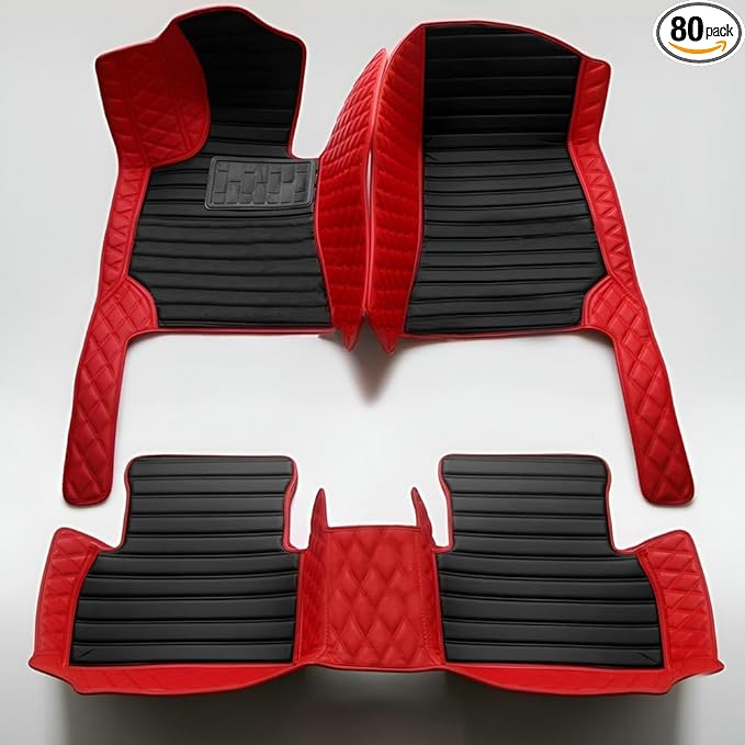 TREGOO All Weather Car Mats Custom Fit Non Slip Floor Mats for 1998-2025 Cars Personalized Leather Protection Pads Suitable for Men Women (Edge red, Middle Black Horizontal bar)