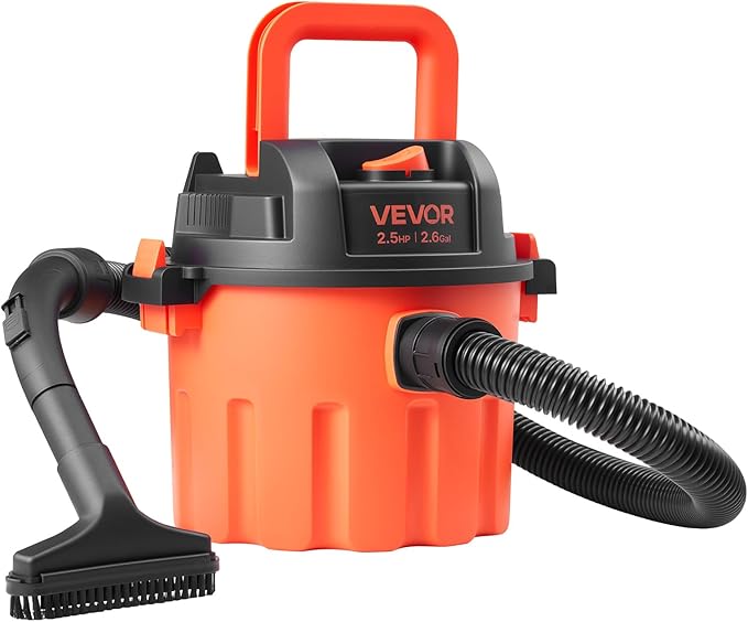 VEVOR Dry Vacuum Cleaner, 2.6 Gallon 2.5 Peak HP Portable Shop Vac with 800W Input Power, Various Nozzles, 1.25in Diameter x 4ft Hose, 9.2ft Cord for Home, Garage, Jobsite, Workshop, Black Orange
