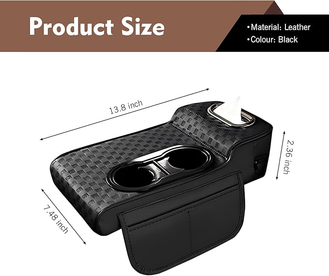 Car Center Console Leather Armrest Increase Cushion, MultiFunctional Armrest Box Pad with Dual Cup Holder, Tissue Box, Side Card Holder, Universal for Most Cars, SUVs, Trucks (Black)
