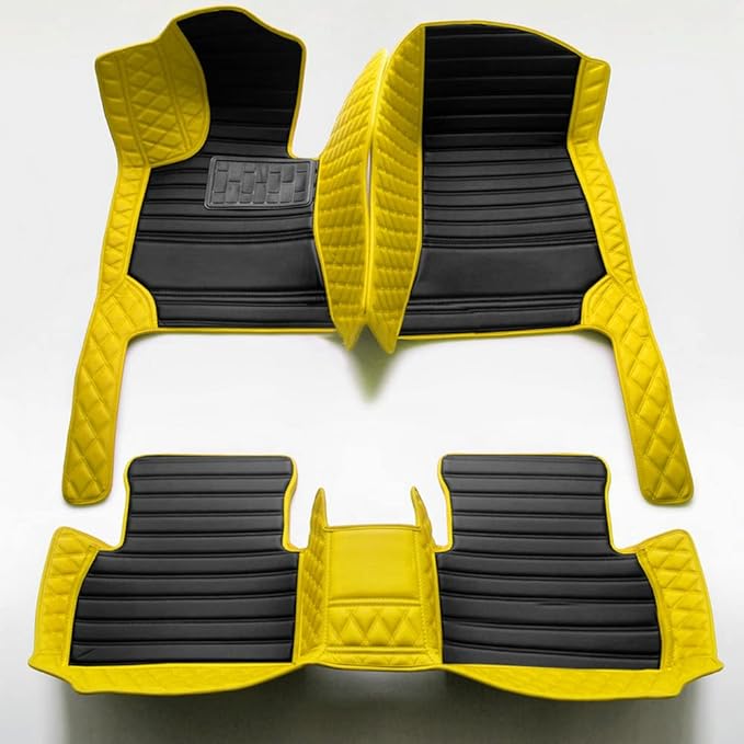 Custom Personalized Floor Mats - Luxury Full Coverage All Weather Mats, Anti-Slip Leather Mat Set, Fit for 99% of Cars, SUVs & Trucks (Yellow+Black, D-Diamond+Strip)