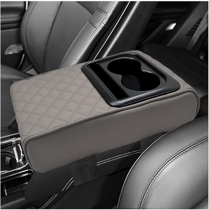 Car Center Console Armrest Pillow, 14"×8.3" Waterproof Leather Armrest Box Cover with Cup and Phone Holder, Soft Memory Foam Arm Rest Console Pad Protector for SUV Truck (Gray, Embroidery)