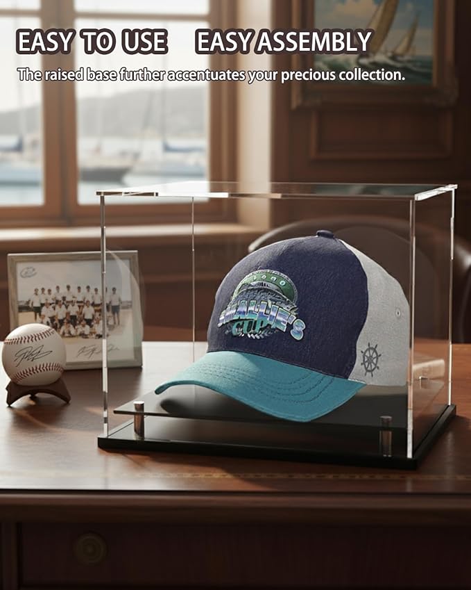 Clear hat Display case for Baseball,Acrylic Cap Holder Stand for Baseball, Football or Snapback Caps,Mini Helmet.Baseball Cap Display case with Metal feet Base(mountable)