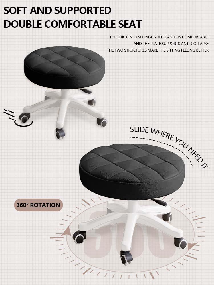 Small Chair Round Rolling Stool with Wheels PU Leather Height Adjustable Swivel Drafting Work SPA Salon Stools Home Office Chair