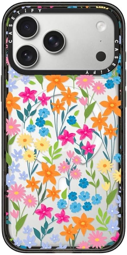CASETiFY Impact iPhone 17 Pro Max Case [Slim/Compatible with Magsafe / 8.2 ft. 4X Military Grade Drop Protection] - Bright Spring Flowers - Daisy Floral Pattern - Clear Black