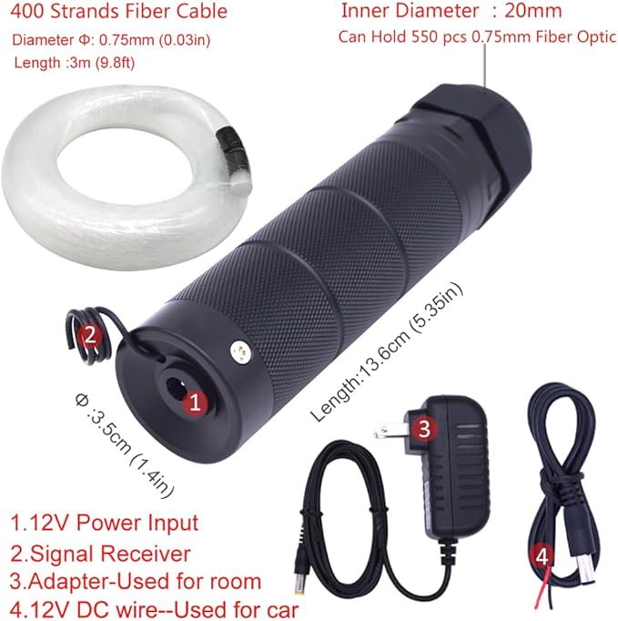 Starlight Headliner Kit 400 Strands 0.03in 9.8ft Fiber Optic Light Car Ceiling Roof Lighting 12V 6W RGBW Sound Activate APP/Remote Control for Car Room
