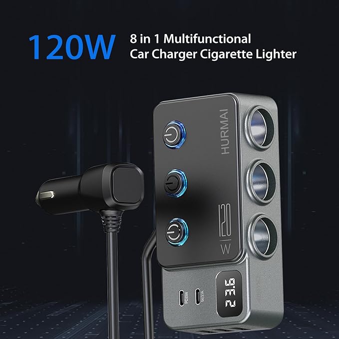 Cigarette Lighter Splitter Adapter, 120W 3 Socket 12V Car Heavy Duty Truck Cigarette Lighter Plug USB Charger Multi Port Car Plug Outlet Splitter with LED Voltage Display Independent Switches