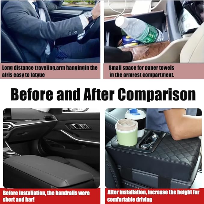 Supin Car Armrest Cushion - Multifunctional Faux Leather Armrest Cushion with Cup Holder, Phone Storage, and Ergonomic Design for All Seasons (BLack)