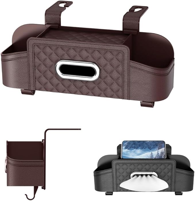 3-in-1 Car Backseat Organizer with Cup Holder Tissue Box and Hooks, Multifunctional Car Seat Back Storage Box, Car Headrest Backseat Organizer for Travel SUV Sedan Truck Car Accessories (Brown)
