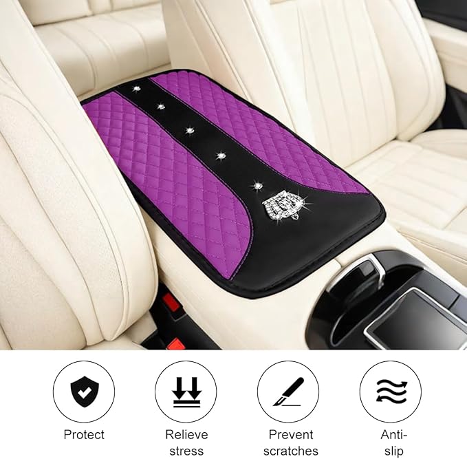 Bling Car Center Console Cover, Crown Crystal Rhinestones Vehicle Armrest Mat Protector, Anti Slip Sparkling Automotive Arm Rest Seat Box Cushion Pad Decor Accessories, Universal Fit (Purple)