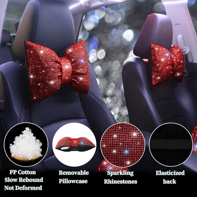 Women's Neck Pillow for Car Seat Bling Headrest Red Bling Accessories Auto Headrest Cushion Rhinestone Head and Neck Rest Cushion Crystal Diamon Red 2Pcs
