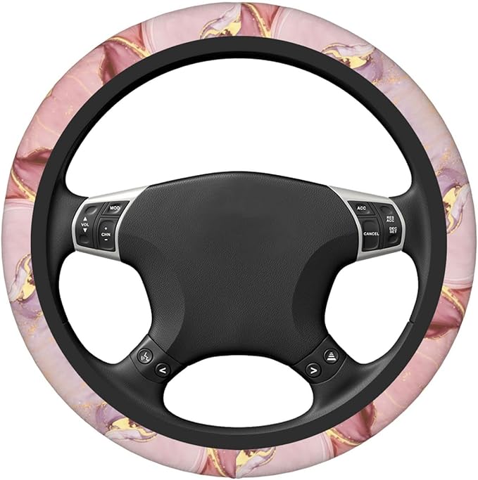 Gold Pink Marble Steering Wheel Cover Women Men Elastic Stretch Soft Car Wheel Protector Universal Breathable No-Slip Car Accessories for Truck Van SUV Auto Fit 14-15 Inches