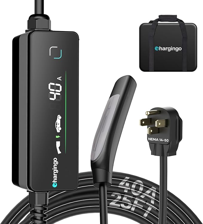 Level 2 EV Charger for Tesla (NACS Connector), 40A 240V NEMA 14-50 Plug, 25FT Cable Portable EV Charger for Home/Outdoor, Adjustable 16-40A with LCD Display, ETL Certified Fast Charging