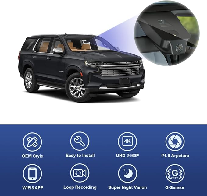 Fitcamx 4K Dash Cam Adapts for Chevy Tahoe 2021-2026 (HD2-4925, 6 or 8 Vents) LS LT RST Premier High Country, Integrated OEM Look, 2160P UHD Video, WiFi & APP, Loop Recording, G-Sensor, 64GB Card