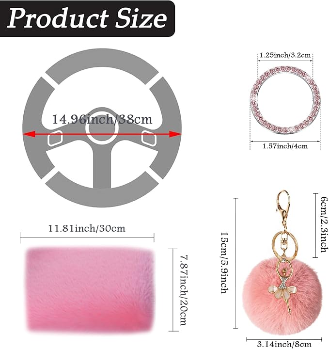 ZYNQACC 9 Pack Cute Bear Fluffy Car Accessories for Women Girls,Kawaii Fuzzy Steering Wheel Cover Universal 15 inch Plush Cute Ears (Pink)