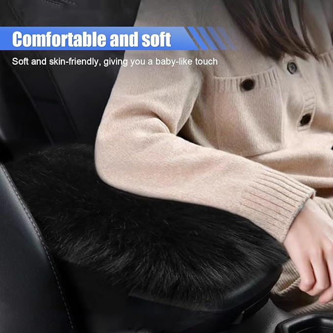 Auto Center Console Cover Pad, 11.81"x 7.87" Warm & Furry Winter Car Armrest Cover, Soft Faux Sheepskin Wool Car Armrest Seat Box Protector Cushion, Universal Interior Accessory (Black)