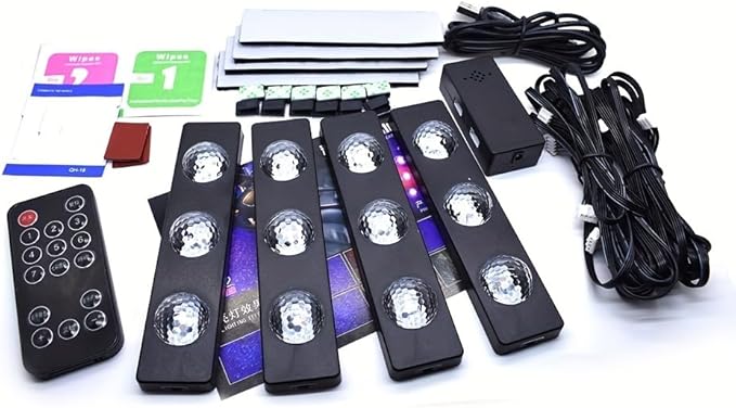 Car Interior Ambient Lights,4Pcs 12LED USB Plug-in RGB Multicolor Star Atmosphere Lights for Car Carpets Under Dash LED Accent Lighting Kit with Sound Active and Remote Control DC 5V