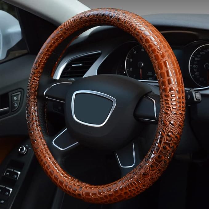 Premium Leather Steering Wheel Cover with Air Holes – Non-Slip Rubber Grip, Universal Fit for Cars (Brown)