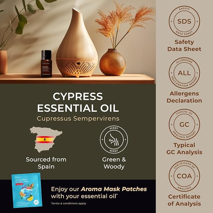 100% Pure Cypress Essential Oil - 0.34 Fl Oz - Cypress Oil for Hair, Skin, Diffuser, Aromatherapy & DIY Candle Making Scent