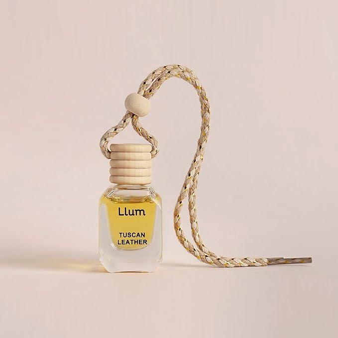 Llum Tuscan Leather Hanging Car Air Freshener – Luxury Automotive Perfume Diffuser 10ml (0.34 fl oz), Long-Lasting Fragrance, Alcohol-Free Non-Toxic Scent, Glass Bottle With Wood Cap