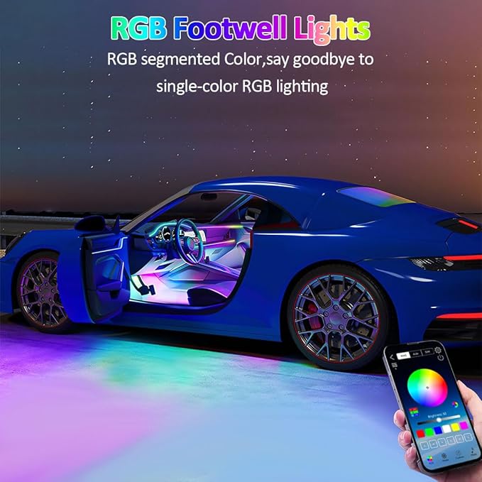 Interior Car LED Strip Light with APP Control,RGB 6 in 1 Neon Ambient Lighting Kits,Under Dash Footwell Automotive Strip Light,Car Ambient Lighting with Music Sync Dynamic Dreamcolor Chasing