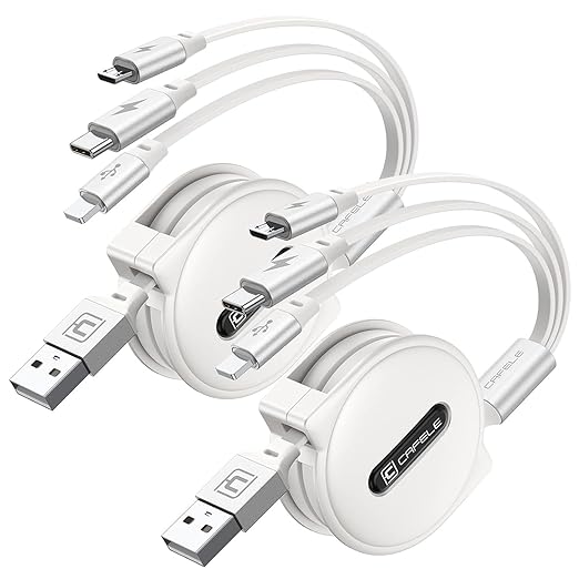 CAFELE Multi Charging Cable 3A, [2Pack 4ft] Retractable USB Charging Cable with Type C/L/Micro USB Ports, 3 in 1 Multi Fast Charger Cord for Multiple Devices, Phone 16 15 14/Galaxy/Pads/Tablets-White