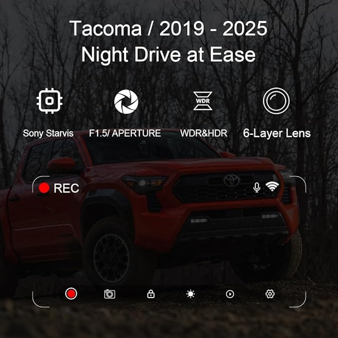 4K Dash Cam Suitable for Toyota Tacoma 2024-2025 SR SR5 TRD Sport Pre-Runner Off Road Limited & Tacoma Hybrid, OEM Look, UHD 2160P Video, WiFi & APP, Loop Recording, Plug&Play, 128GB (F10pro)