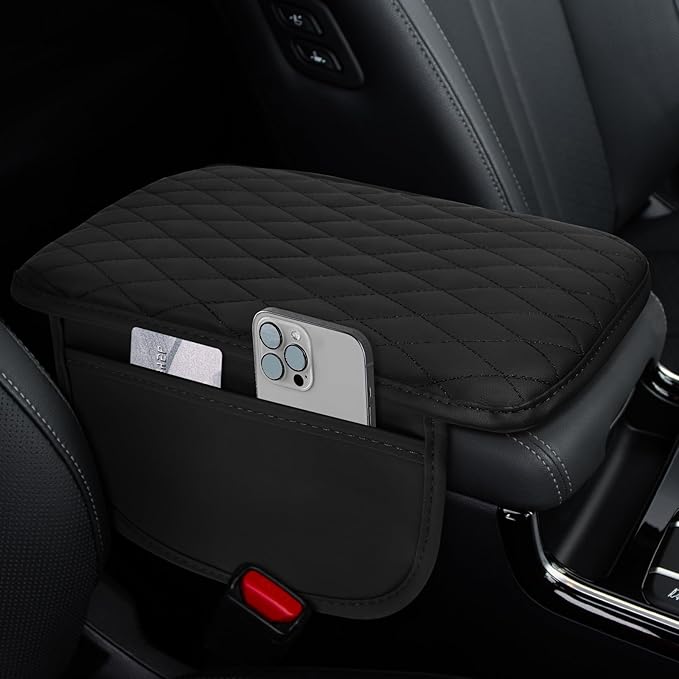 Car Center Console Cover, 12"×7.87" Waterproof Leather Auto Armrest Cover Protector with 2 Pocket, Comfortable Arm Rest Box Cushion Pad, Universal Interior Car Accessories (Black)