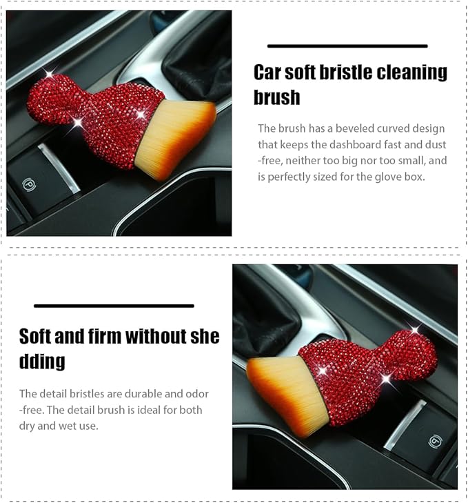zipelo Auto Interior Dust Brush, Car Detailing Cleaning Brush with Diamond, Bling Handle Soft Bristles Dusting Tool, Scratch Free Dirt Clean Brushes for Vehicle Dashboard, Air Conditioner Vent (Red)