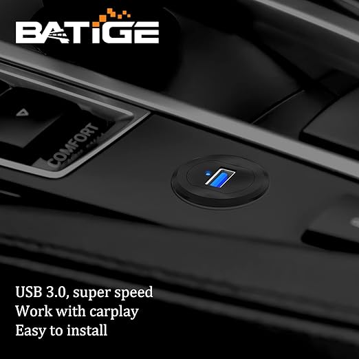 BATIGE Alloy Single Port USB 3.0 Dashboard Port Car Mount Flush Cable, Male to Female Waterproof Extension Cable for Car Truck Boat Motorcycle with LED Indicator - 3ft
