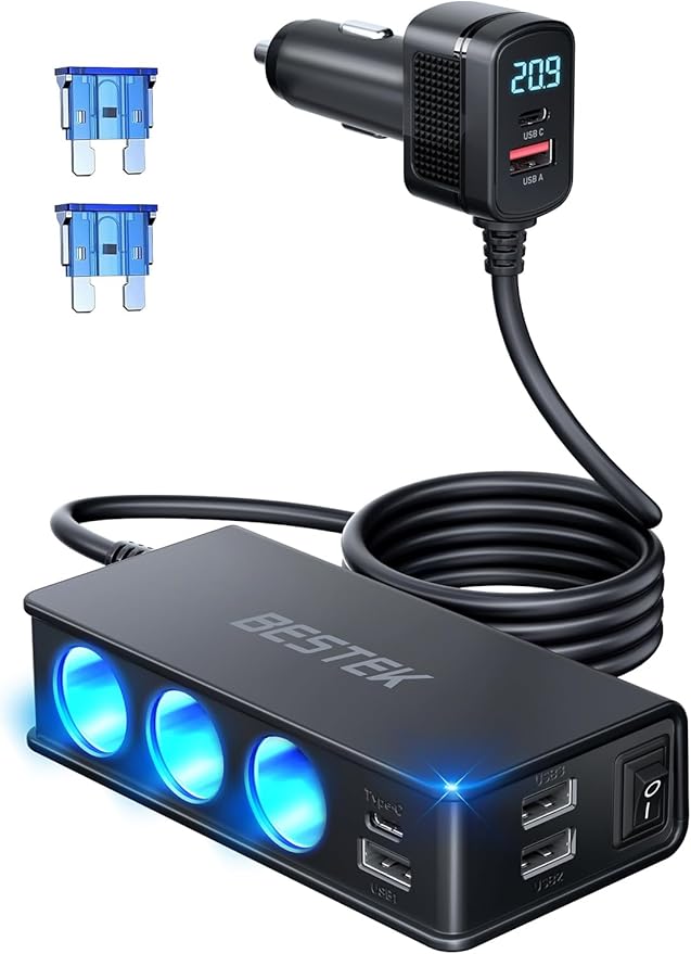 BESTEK 9 in 1 Cigarette Lighter Splitter 148W 3-Socket Car Cigarette Lighter PD30W and 4 USB-A QC3.0 18W with LED Display 12V/24V Cigarette Lighter Adapter for Dash Cam, GPS, iPad/Laptop/Phone