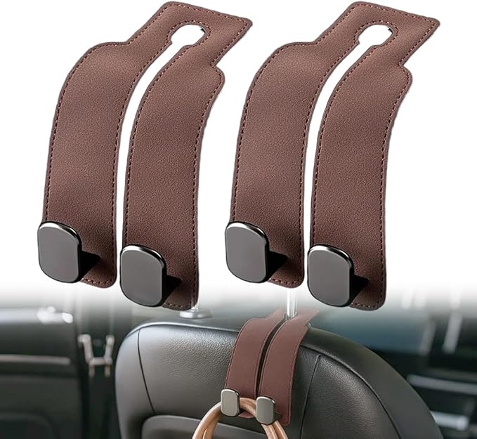 2026 New 2 in 1 Car Seat Back Storage Hook, Car Backseat Organizer Accessories, Premium Leather Headrest Hook for Auto Hooks Organizer for Handbag Purse Coat Bags (1, Brown)