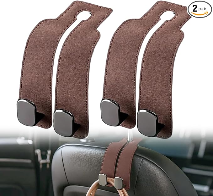 2026 New 2 in 1 Car Seat Back Storage Hook, Car Backseat Organizer Accessories, Premium Leather Headrest Hook for Auto Hooks Organizer for Handbag Purse Coat Bags (2, Brown)